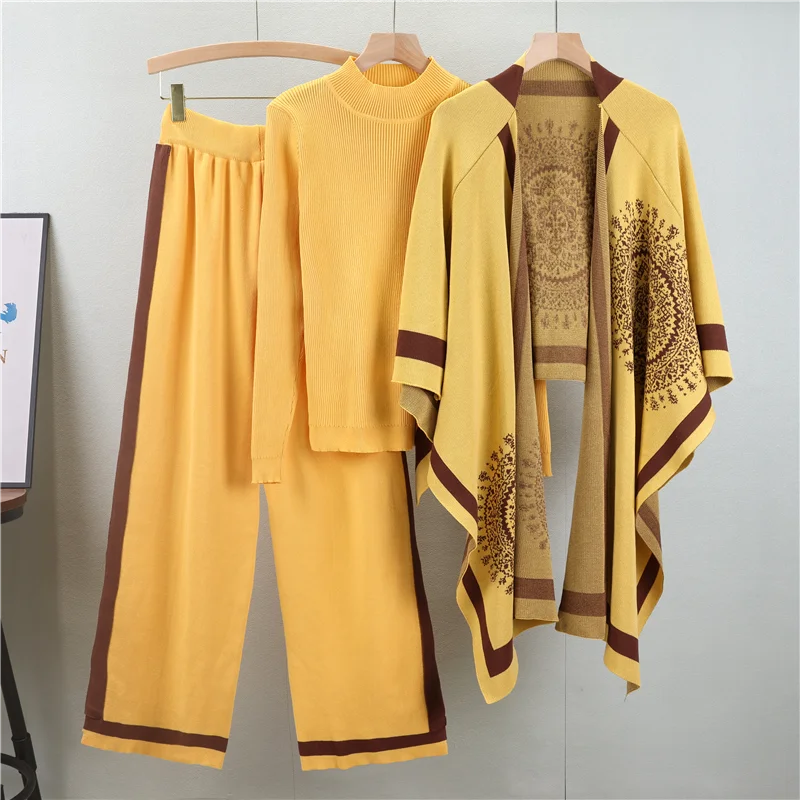 Conjunto Feminino 3 Peças em Tricô – Blusa, Pashmina e Calça Pantalona Cintura Alta