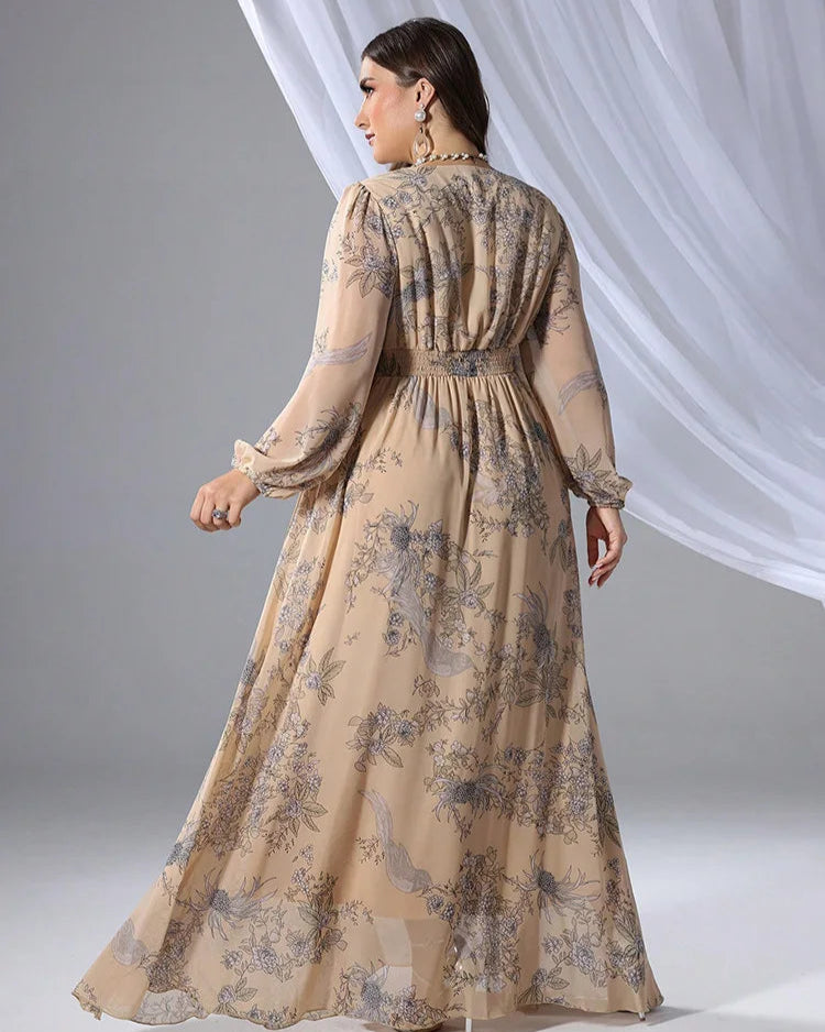 Vestido Plus Size Longo Floral em Tule e Renda – Manga Bufante e Caimento Impecável