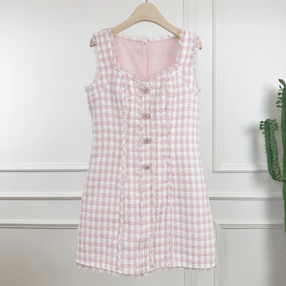 Vestido Tweed Blue Royale com Botões de Cristal Bordados à Mão