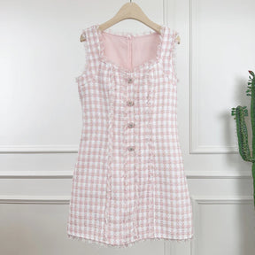 Vestido Tweed Blue Royale com Botões de Cristal Bordados à Mão