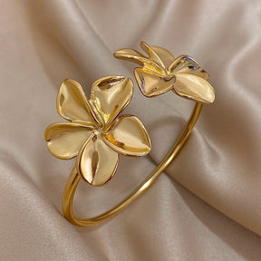 Bracelete de Aço Inoxidável  Dupla Flor  - Bracelete Floral Metal Dourado, à Prova D'Água, Joia para Festa