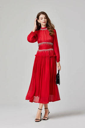 Vestido de Verão SEDA – Luxo Francês, Franjas, Pregas e cristais