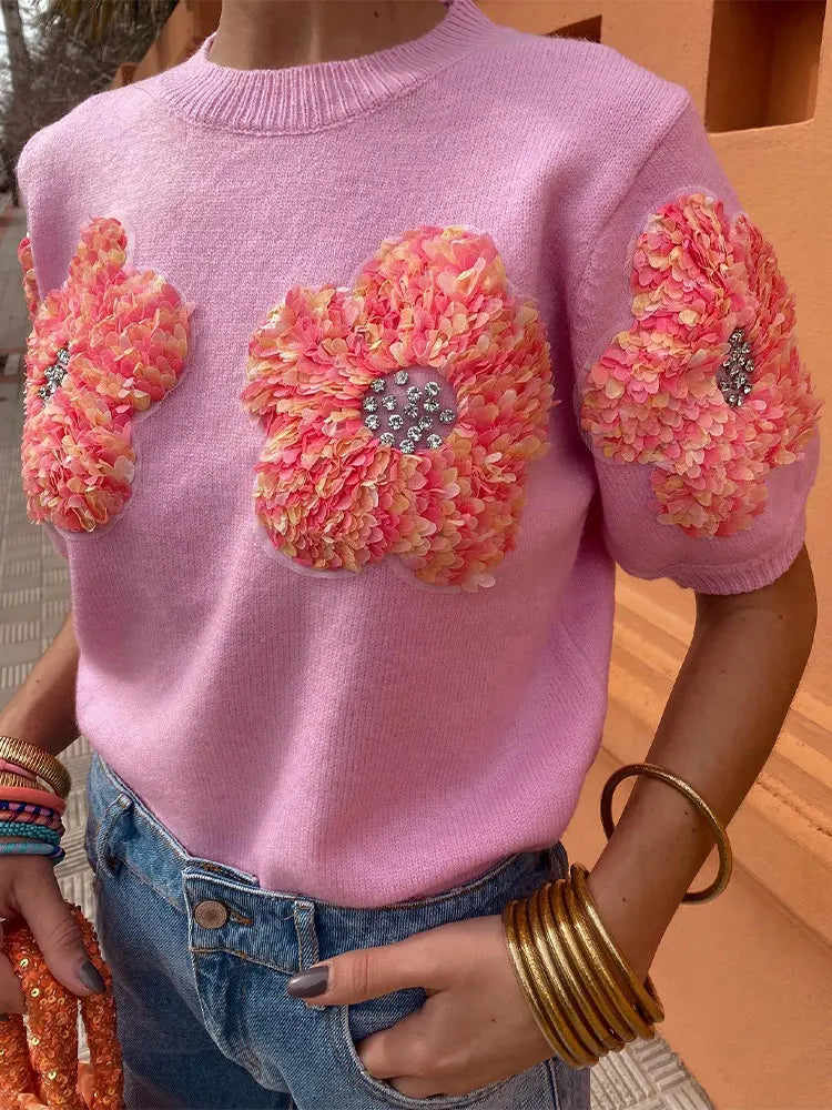 Blusa Tricô bordada com flor - Novidade