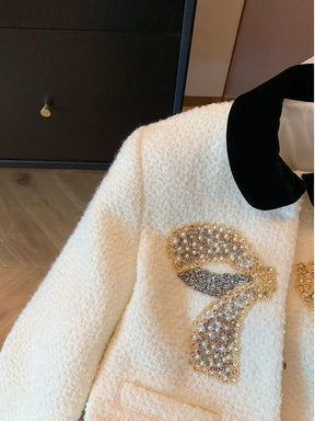 Blazer de Tweed Branco com Laço Metálico