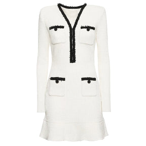 Vestido Bicolor – Decote V, Manga Longa, Slim Fit com Bolsos Bordados