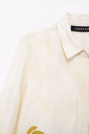 Conjunto Casual 2 Peças: Blusa Bege de Manga Longa com Gola Lapela + Shorts com Cintura Elástica e Faixa