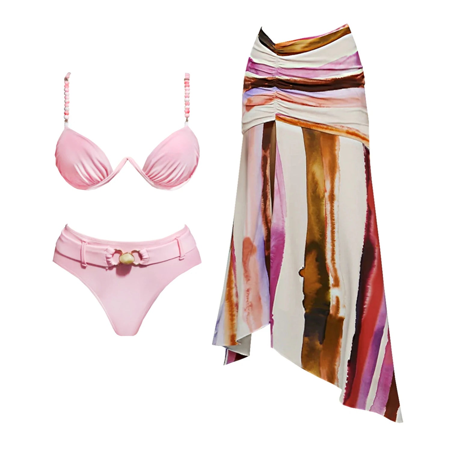 Conjunto Biquíni com Saia Longa Listrada