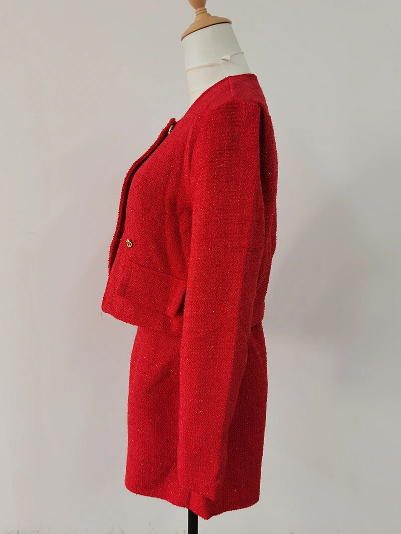 Conjunto Elegante em Tweed – Blazer e Shorts de Cintura Alta