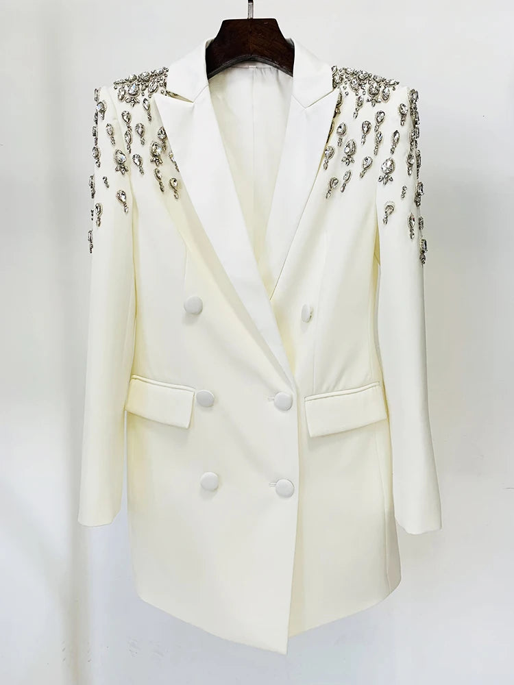 Blazer Longo com Botões Duplos e Aplique de Pedrarias – Bordado à Mão