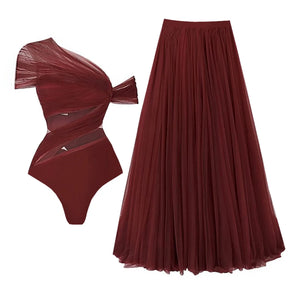 Conjunto Biquíni com Saia Longa Listrada