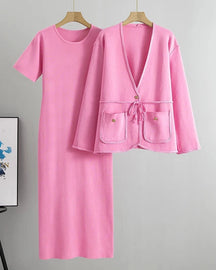 onjunto Executivo Feminino – Tricô Elegante com Casaco Longo e Saia