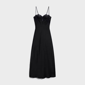 Vestido Slip Dress Midi Acetinado com Busto de Renda e Alças Finas