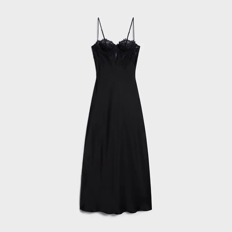Vestido Slip Dress Midi Acetinado com Busto de Renda e Alças Finas