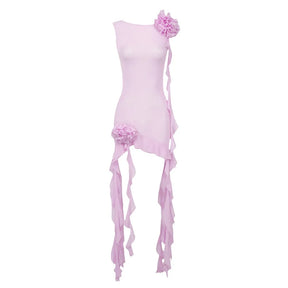 Vestido Mini de Tule com Flores Aplicadas e Babados Românticos