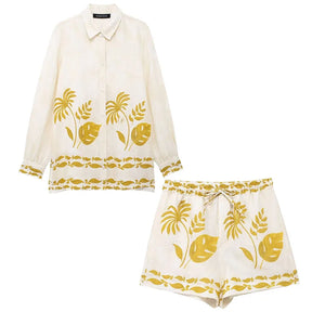 Conjunto Casual 2 Peças: Blusa Bege de Manga Longa com Gola Lapela + Shorts com Cintura Elástica e Faixa