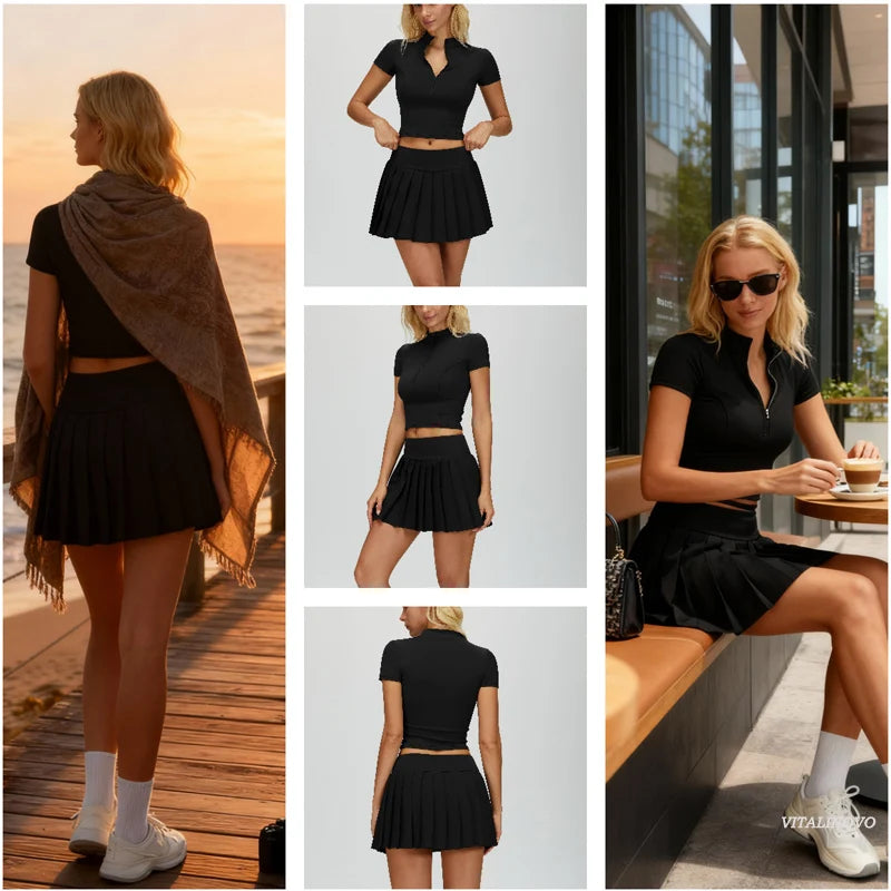Conjunto Esportivo Feminino – Blusa com Zíper + Saia Plissada Cintura Alta | Tênis, Golfe e Treinos