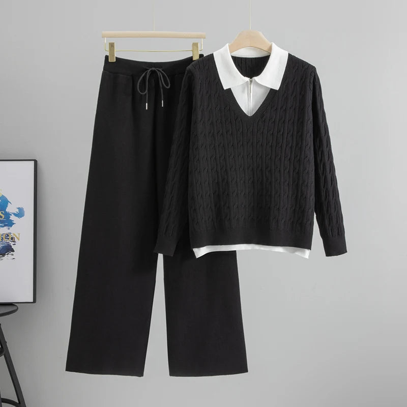 Conjunto Feminino Outono – Blusa Gola Lapela Estilo Camadas com Calça de Cintura Alta