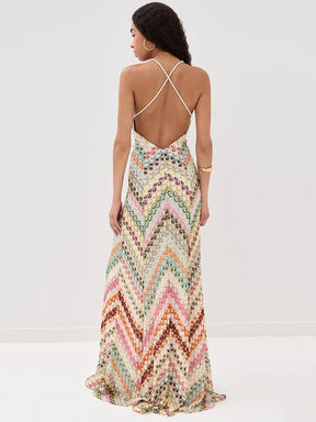 Vestido Longo de Crochê Decote V com Amarração — Elegante, Fresco para o Verão