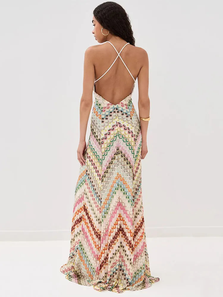 Vestido Longo de Crochê Decote V com Amarração — Elegante, Fresco para o Verão