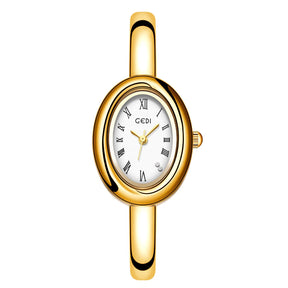 Relógio Feminino Bracelete – Estilo Luxo, Quartzo, Mostrador Oval Dourado/Prateado com Detalhes em Diamante, Fashion e Elegante