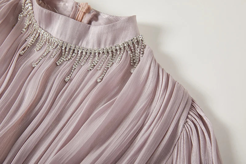 Vestido de Verão SEDA – Luxo Francês, Franjas, Pregas e cristais
