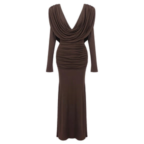 Vestido Longo Marrom com Gola Drapeada e Manga Longa