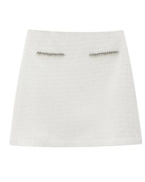 Conjunto Elegante Tweed com Cardigan Bordado em Strass e Saia de Cintura Alta