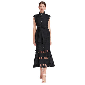 Vestido Elegante Slim – Renda Bordada e Gola Alta