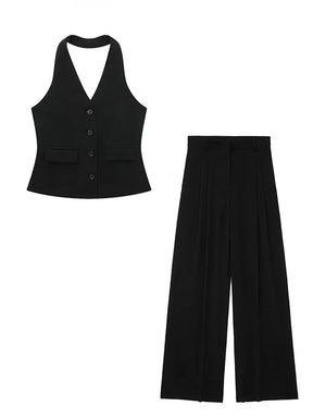 Conjunto Colete Halter Sem Mangas com Bolsos + Calça Pantalona Cintura Alta, Look Executivo Moderno
