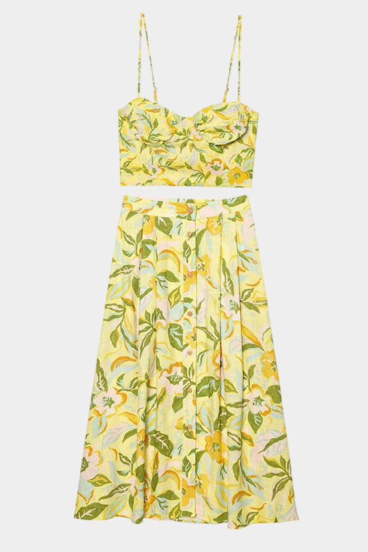 Conjunto Floral com Top Cropped e Saia Evase – Duas Peças Elegantes