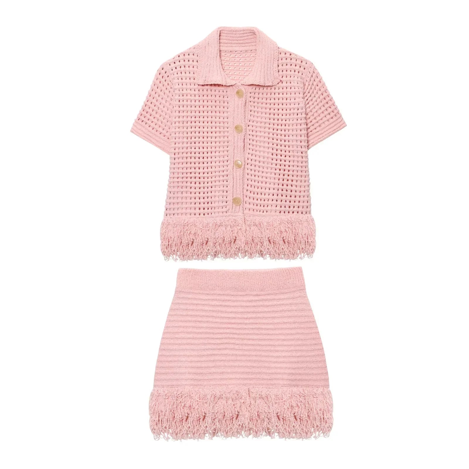 Conjunto em Tricô Vazado – Saia Mini + Camisa