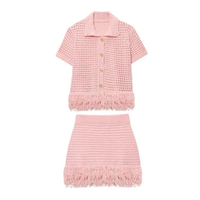 Conjunto em Tricô Vazado – Saia Mini + Camisa