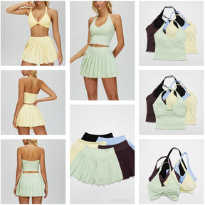 Conjunto Esportivo Feminino 2 Peças – Saia Plissada + Top Halter com Bojo | Tênis, Golfe e Treinos