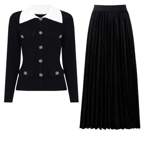 Conjunto Tricô Encorpado com Casaco Estruturado e Saia Plissada Clássico e Atemporal