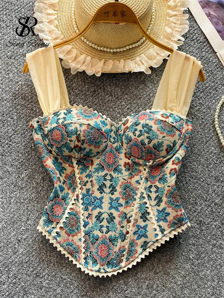 Top de Alças Estampado com Detalhes em Renda