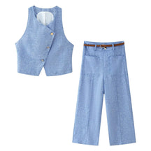 Conjunto – Colete Sem Mangas com Botões + Calça Reta com Cinto, Look Casual Chic 2 Peças