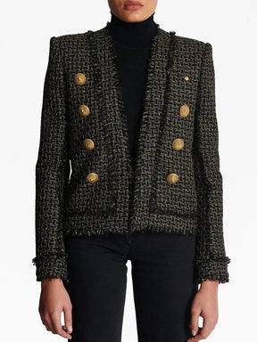 Blazer em Tweed Xadrez com Fios Dourados e Botões Ornamentais