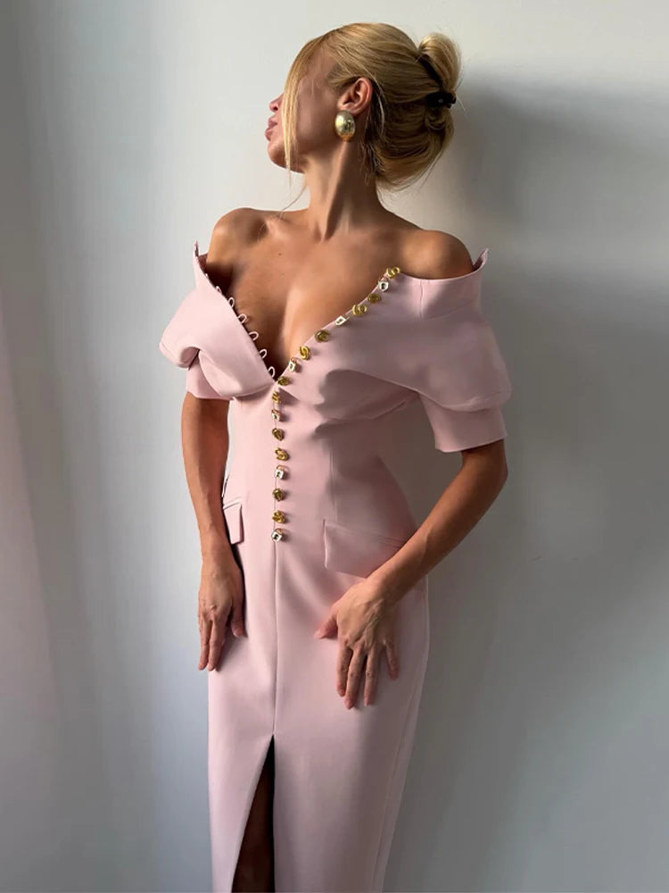 Vestido Midi Alfaiataria com Botões Dourados e Ombreira