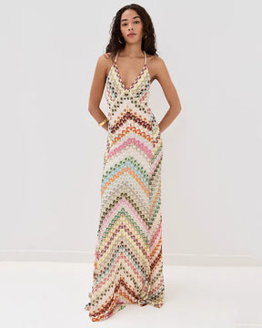 Vestido Longo de Crochê Decote V com Amarração — Elegante, Fresco para o Verão