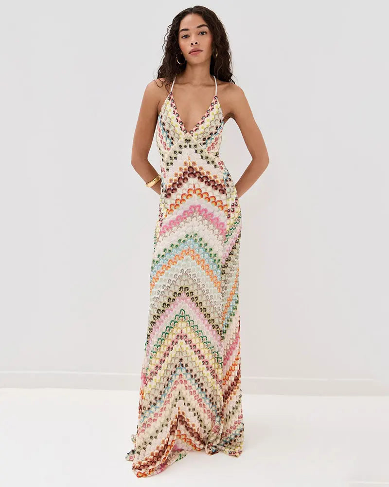 Vestido Longo de Crochê Decote V com Amarração — Elegante, Fresco para o Verão