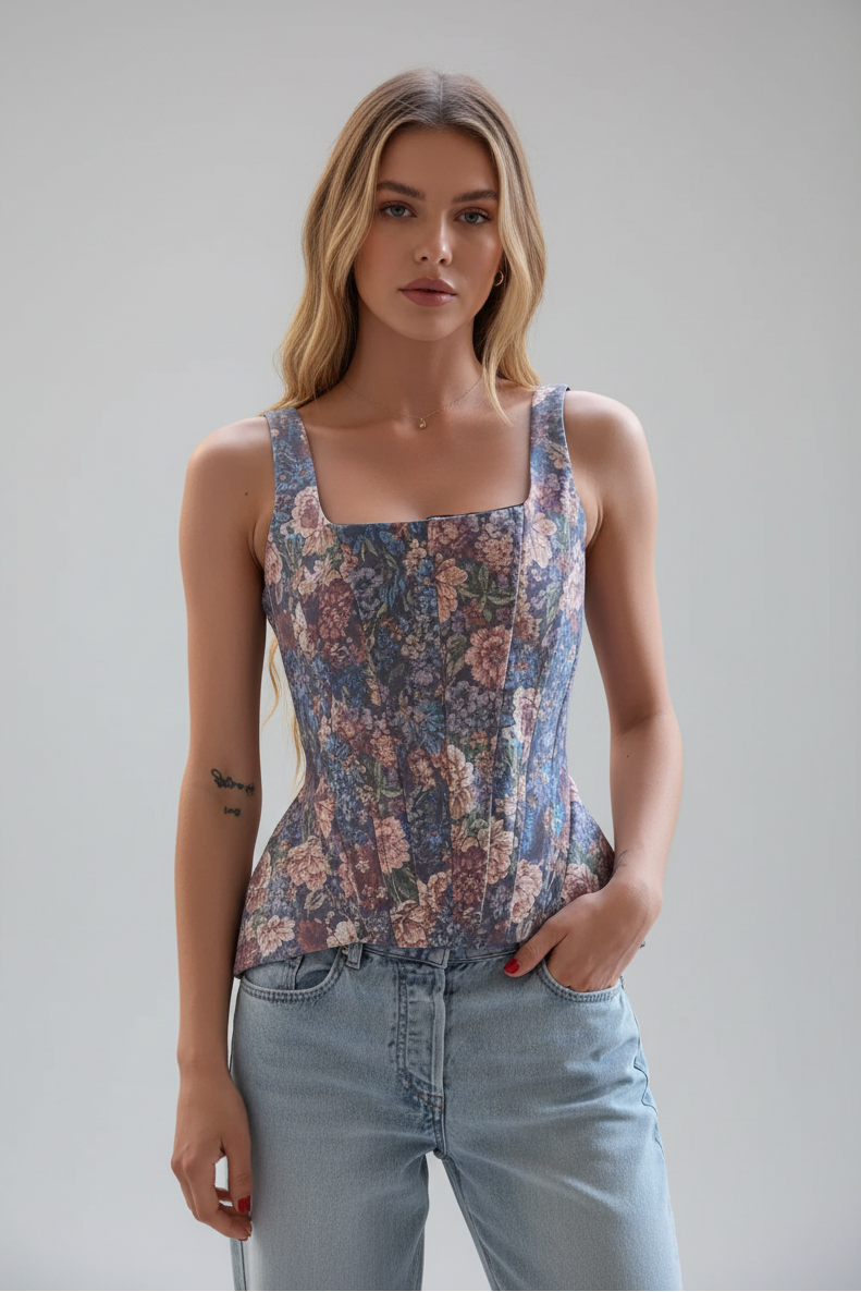 Corset Estampado com Decote Quadrado