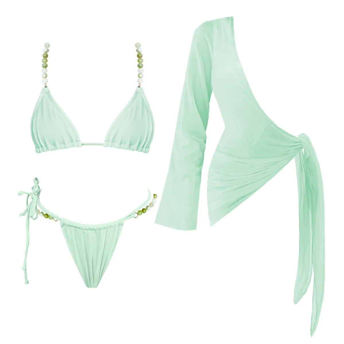 Conjunto de Três Peças com Detalhes Metálicos e Saída Longa Fluida