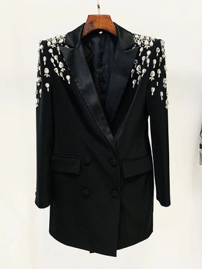 Blazer Longo com Botões Duplos e Aplique de Pedrarias – Bordado à Mão