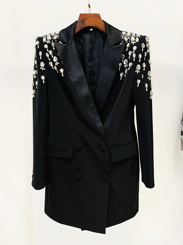 Blazer Longo com Botões Duplos e Aplique de Pedrarias – Bordado à Mão