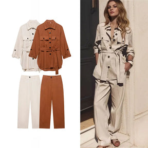Conjunto Casual Feminino com Cinto, Camisa de Linho e Calça