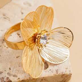 Anel Elegante de Folha de Ginkgo e Flor - Anel Retro Dourado para Dedos