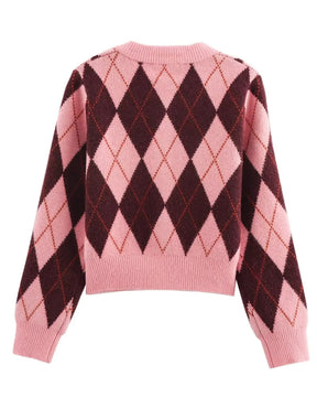 Cardigan Feminino em Tricô Jacquard – Estampa Argyle, Gola Redonda e Botões Frontais