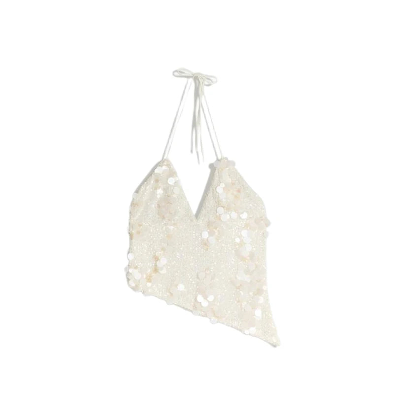 Conjunto com Saia Mini Brilhante e Top Halter Bordado à Mão