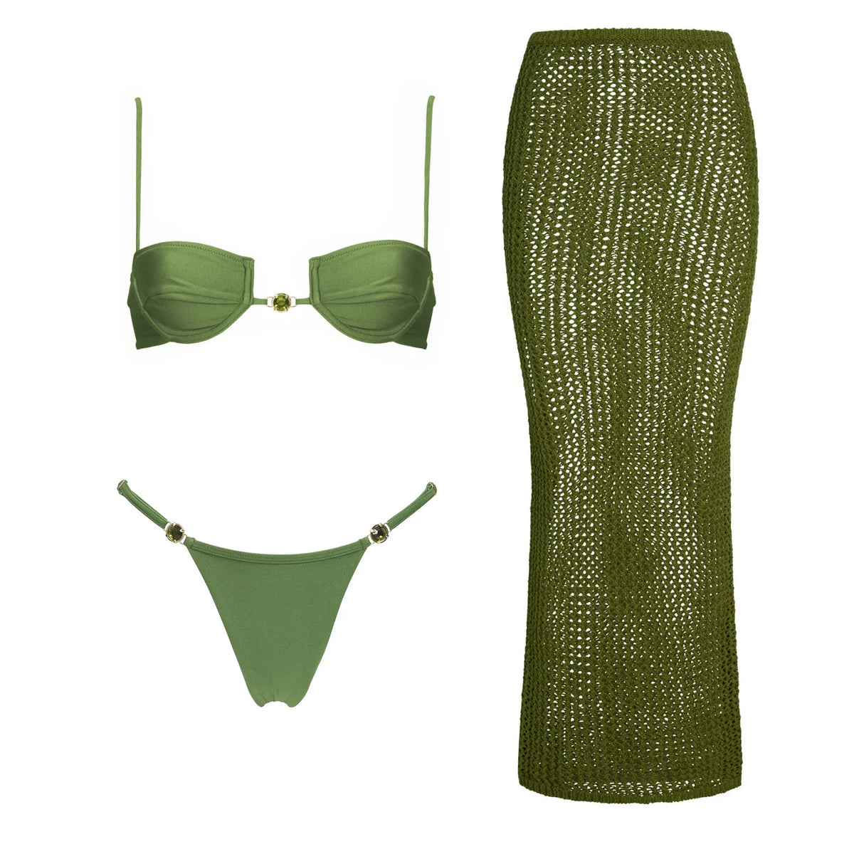 Conjunto de Biquíni com Aplicação Luminosa e Saia de Crochê