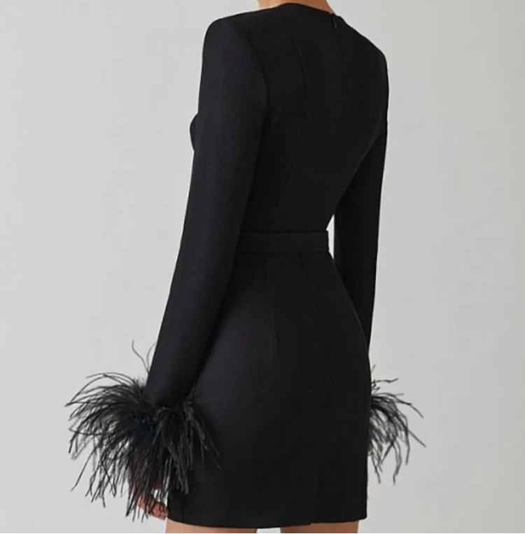 Vestido de Manga Longa com Plumas – Elegância e Sensualidade